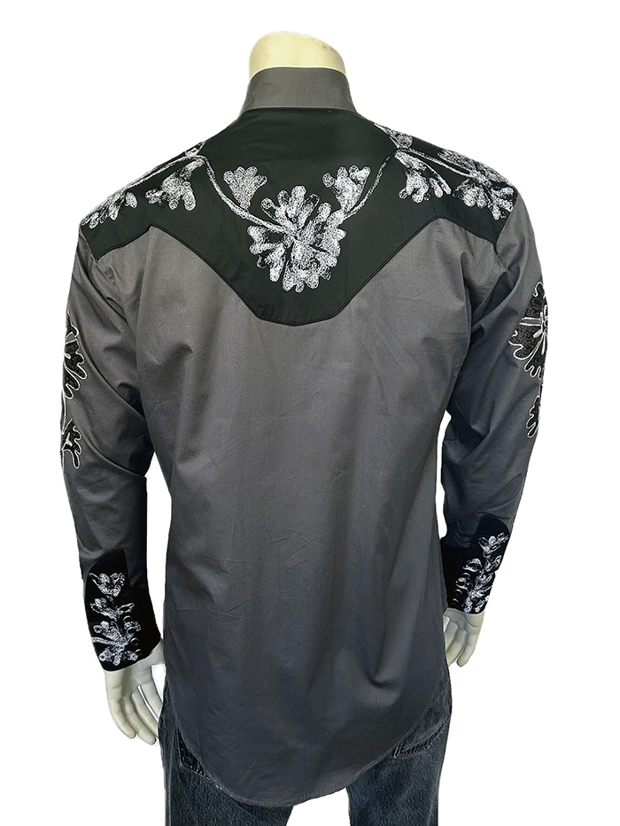 Rockmount 6724-GRY/BLK Mens Floral 2 Tone Embroidered Western Shirt Black & Grey front view. 