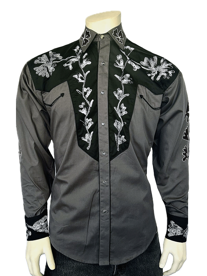 Rockmount 6724-GRY/BLK Mens Floral 2 Tone Embroidered Western Shirt Black & Grey front view. 