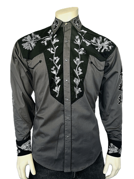 Rockmount 6724-GRY/BLK Mens Floral 2 Tone Embroidered Western Shirt Black & Grey front view. 