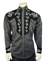 Rockmount 6724-GRY/BLK Mens Floral 2 Tone Embroidered Western Shirt Black & Grey front view. 