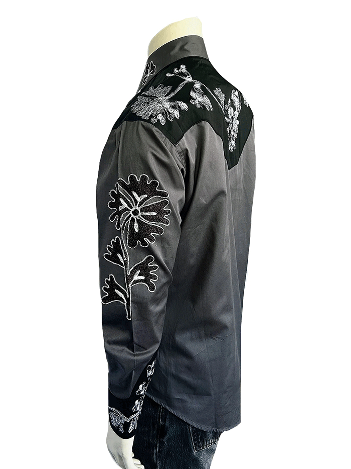 Rockmount 6724-GRY/BLK Mens Floral 2 Tone Embroidered Western Shirt Black & Grey front view. 