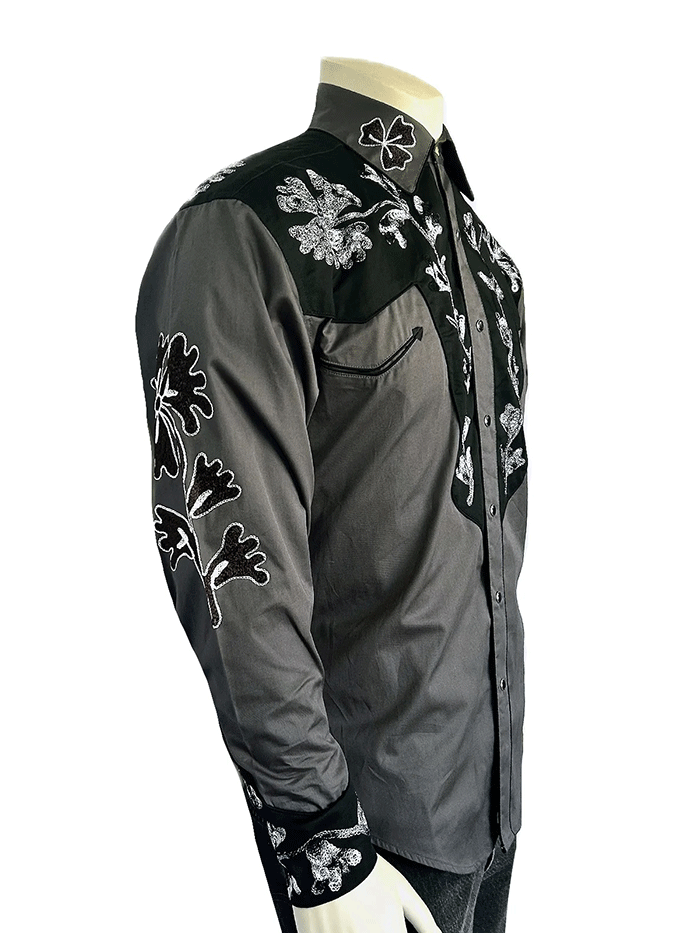 Rockmount 6724-GRY/BLK Mens Floral 2 Tone Embroidered Western Shirt Black & Grey front view. 
