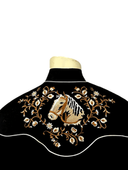 Rockmount 6728-BLK Mens Vintage Horsehead & Floral Embroidered Western Shirt Black back close up. If you need any assistance with this item or the purchase of this item please call us at five six one seven four eight eight eight zero one Monday through Saturday 10:00a.m EST to 8:00 p.m EST