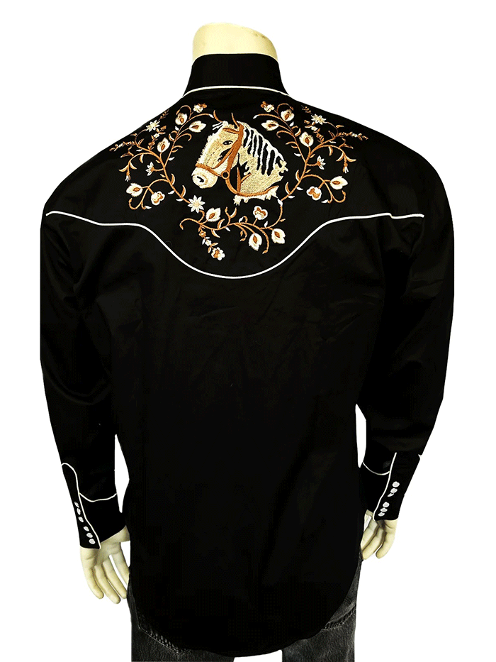 Rockmount 6728-BLK Mens Vintage Horsehead & Floral Embroidered Western Shirt Black front view. If you need any assistance with this item or the purchase of this item please call us at five six one seven four eight eight eight zero one Monday through Saturday 10:00a.m EST to 8:00 p.m EST