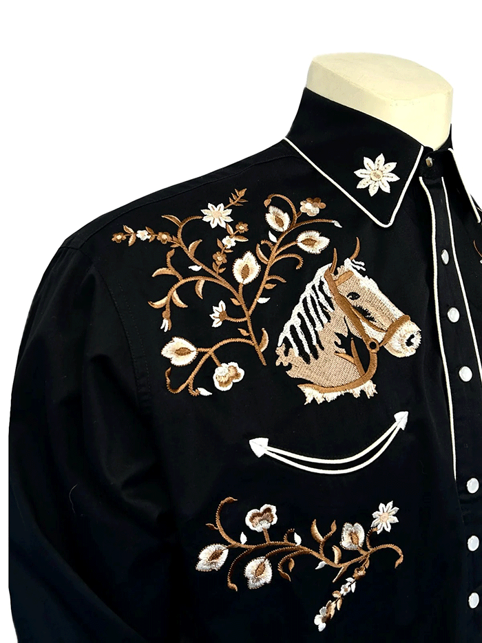 Rockmount 6728-BLK Mens Vintage Horsehead & Floral Embroidered Western Shirt Black front view. If you need any assistance with this item or the purchase of this item please call us at five six one seven four eight eight eight zero one Monday through Saturday 10:00a.m EST to 8:00 p.m EST