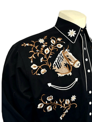 Rockmount 6728-BLK Mens Vintage Horsehead & Floral Embroidered Western Shirt Black front close up. If you need any assistance with this item or the purchase of this item please call us at five six one seven four eight eight eight zero one Monday through Saturday 10:00a.m EST to 8:00 p.m EST