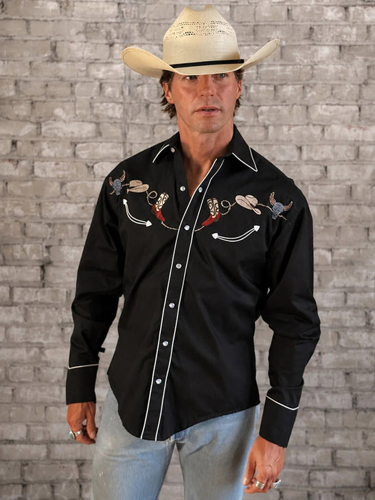 Rockmount 6764-BLK Mens Boot Hat & Skull Embroidered Shirt Black front view. If you need any assistance with this item or the purchase of this item please call us at five six one seven four eight eight eight zero one Monday through Saturday 10:00a.m EST to 8:00 p.m EST