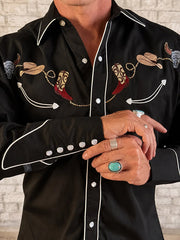 Rockmount 6764-BLK Mens Boot Hat & Skull Embroidered Shirt Black close up. If you need any assistance with this item or the purchase of this item please call us at five six one seven four eight eight eight zero one Monday through Saturday 10:00a.m EST to 8:00 p.m EST