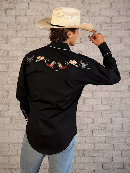 Rockmount 6764-BLK Mens Boot Hat & Skull Embroidered Shirt Black back view. If you need any assistance with this item or the purchase of this item please call us at five six one seven four eight eight eight zero one Monday through Saturday 10:00a.m EST to 8:00 p.m EST