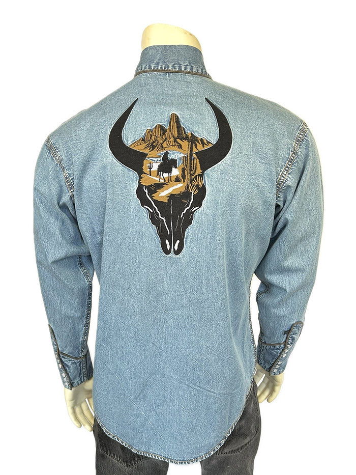 Rockmount 6795-D Mens Bison Skull & Rider Embroidered Shirt Denim front view. If you need any assistance with this item or the purchase of this item please call us at five six one seven four eight eight eight zero one Monday through Saturday 10:00a.m EST to 8:00 p.m EST