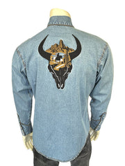 Rockmount 6795-D Mens Bison Skull & Rider Embroidered Shirt Denim back view. If you need any assistance with this item or the purchase of this item please call us at five six one seven four eight eight eight zero one Monday through Saturday 10:00a.m EST to 8:00 p.m EST