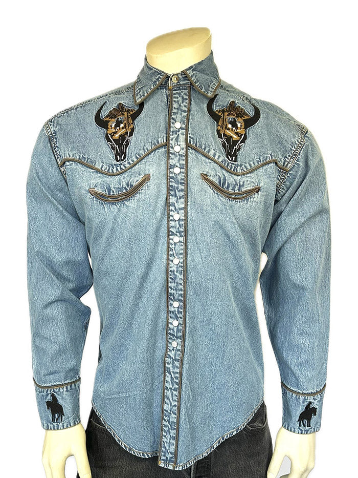 Rockmount 6795-D Mens Bison Skull & Rider Embroidered Shirt Denim front view. If you need any assistance with this item or the purchase of this item please call us at five six one seven four eight eight eight zero one Monday through Saturday 10:00a.m EST to 8:00 p.m EST