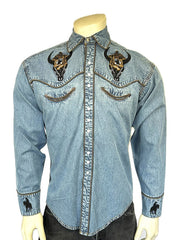 Rockmount 6795-D Mens Bison Skull & Rider Embroidered Shirt Denim front view. If you need any assistance with this item or the purchase of this item please call us at five six one seven four eight eight eight zero one Monday through Saturday 10:00a.m EST to 8:00 p.m EST