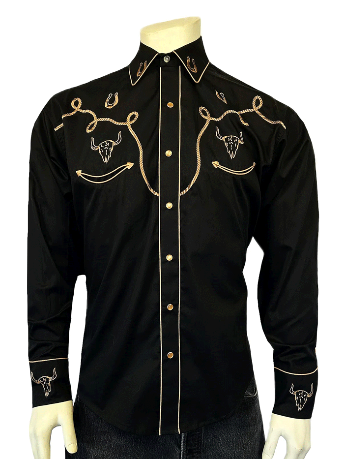 Rockmount 6815-BLK Mens Embroidery & Applique Western Shirt Black front view. If you need any assistance with this item or the purchase of this item please call us at five six one seven four eight eight eight zero one Monday through Saturday 10:00a.m EST to 8:00 p.m EST