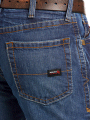 Ariat 10012552 Mens FR M4 Relaxed Basic Boot Cut Jean Flint back pocket close up. If you need any assistance with this item or the purchase of this item please call us at five six one seven four eight eight eight zero one Monday through Saturday 10:00a.m EST to 8:00 p.m EST