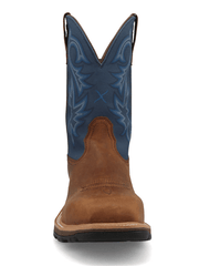 Brown cowboy boot with blue embroidered design on a white background full front view. If you need any assistance with this item or the purchase of this item please call us at five six one seven four eight eight eight zero one Monday through Saturday 10:00a.m EST to 8:00 p.m EST