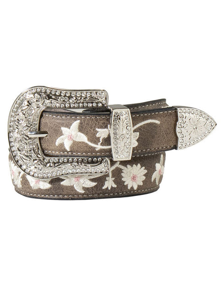 3D D130003006 Kids Floral Embroidered Belt Grey front view. If you need any assistance with this item or the purchase of this item please call us at five six one seven four eight eight eight zero one Monday through Saturday 10:00a.m EST to 8:00 p.m EST
