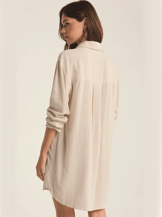 Z Supply ZD243344-FLX Womens Dover Linen Mini Dress Flax Beige back view. If you need any assistance with this item or the purchase of this item please call us at five six one seven four eight eight eight zero one Monday through Saturday 10:00a.m EST to 8:00 p.m EST