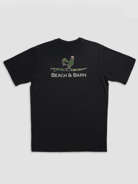 Beach & Barn CAMO SURFING ROOSTER Short Sleeve Pocket T-Shirt Black back view. If you need any assistance with this item or the purchase of this item please call us at five six one seven four eight eight eight zero one Monday through Saturday 10:00a.m EST to 8:00 p.m EST