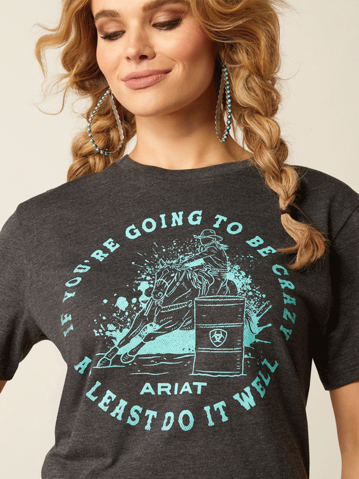 Ariat 10052028 Womens Barrel Beauty Tee Charcoal Heather front view. If you need any assistance with this item or the purchase of this item please call us at five six one seven four eight eight eight zero one Monday through Saturday 10:00a.m EST to 8:00 p.m EST