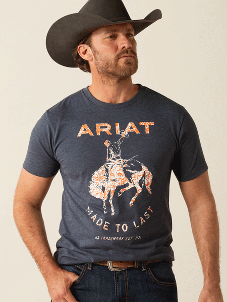 Ariat 10053986 Mens Made to Last Bronco T-Shirt Navy Heather front view. If you need any assistance with this item or the purchase of this item please call us at five six one seven four eight eight eight zero one Monday through Saturday 10:00a.m EST to 8:00 p.m EST

