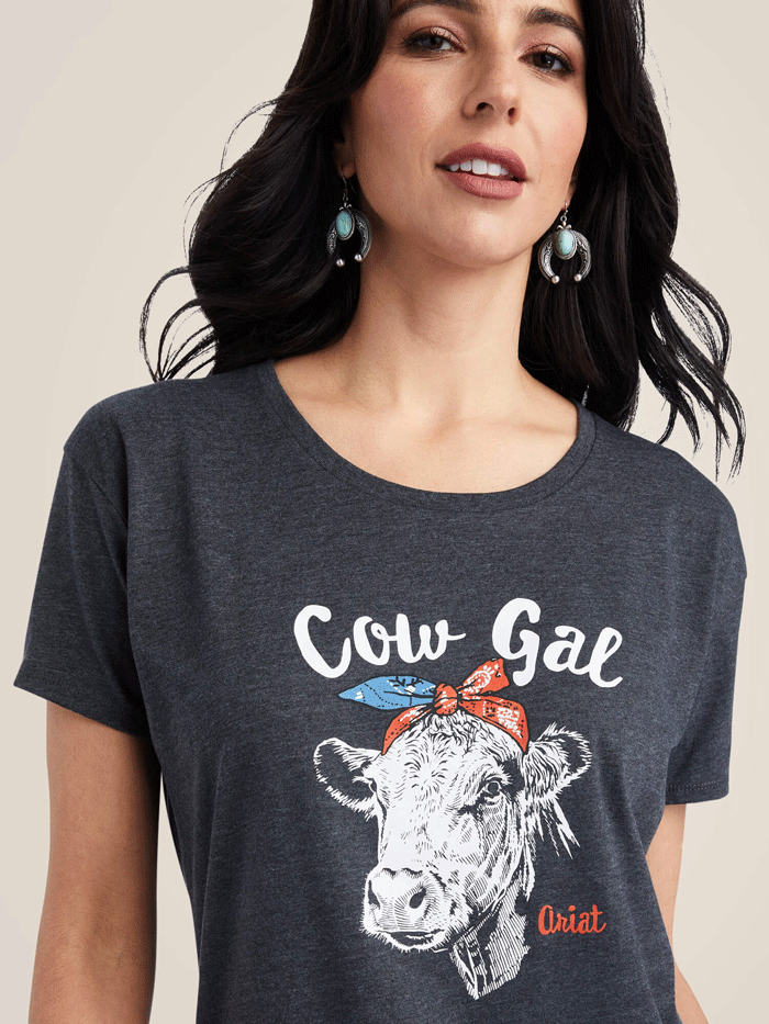 Ariat 10042716 Womens Cow Gal Tee Charcoal Heather front view. If you need any assistance with this item or the purchase of this item please call us at five six one seven four eight eight eight zero one Monday through Saturday 10:00a.m EST to 8:00 p.m EST