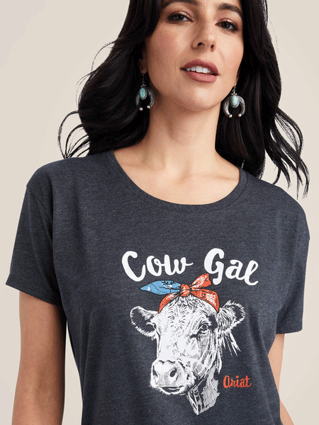 Ariat 10042716 Womens Cow Gal Tee Charcoal Heather front design close up view. If you need any assistance with this item or the purchase of this item please call us at five six one seven four eight eight eight zero one Monday through Saturday 10:00a.m EST to 8:00 p.m EST