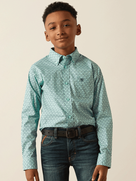 Ariat 10054785 Kids Canyon Classic Fit Shirt Mint front view. If you need any assistance with this item or the purchase of this item please call us at five six one seven four eight eight eight zero one Monday through Saturday 10:00a.m EST to 8:00 p.m EST