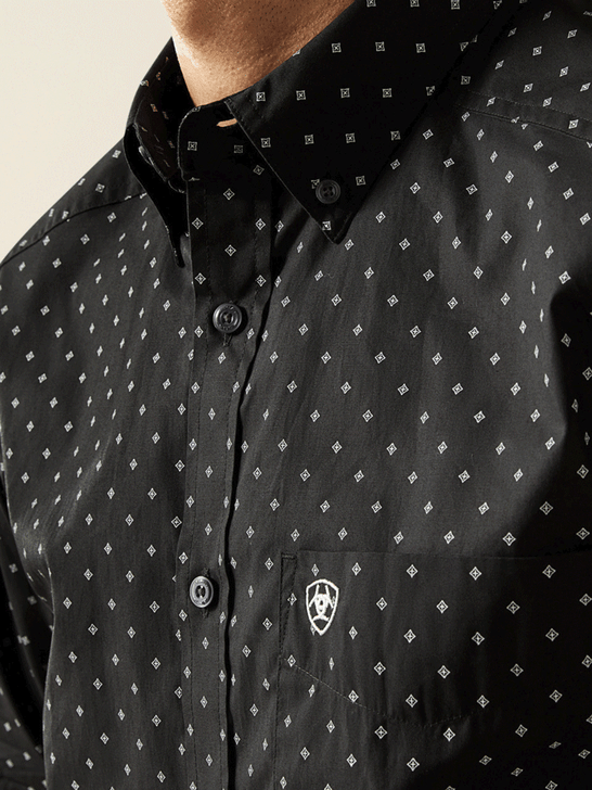 Ariat 10058994 Mens Seymour Fitted Long Sleeve Shirt Dark Grey front close up. If you need any assistance with this item or the purchase of this item please call us at five six one seven four eight eight eight zero one Monday through Saturday 10:00a.m EST to 8:00 p.m EST

