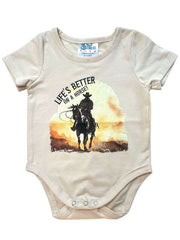 Shea Baby BVINB08 Kids Lifes Better On A Horse Onesie Beige front view. If you need any assistance with this item or the purchase of this item please call us at five six one seven four eight eight eight zero one Monday through Saturday 10:00a.m EST to 8:00 p.m EST