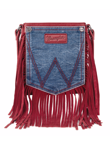 Wrangler WG44-8360RD Womens Leather Fringe Jean Denim Pocket Crossbody Bag Red front. If you need any assistance with this item or the purchase of this item please call us at five six one seven four eight eight eight zero one Monday through Saturday 10:00a.m EST to 8:00 p.m EST

