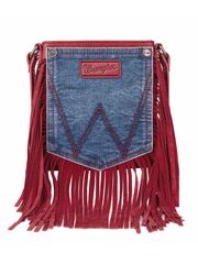 Wrangler WG44-8360RD Womens Leather Fringe Jean Denim Pocket Crossbody Bag Red front. If you need any assistance with this item or the purchase of this item please call us at five six one seven four eight eight eight zero one Monday through Saturday 10:00a.m EST to 8:00 p.m EST

