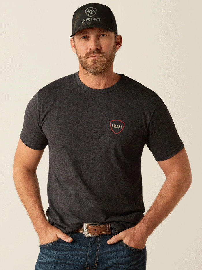 Ariat 10053985 Mens Barbed Flag T-Shirt Charcoal Heather back view. If you need any assistance with this item or the purchase of this item please call us at five six one seven four eight eight eight zero one Monday through Saturday 10:00a.m EST to 8:00 p.m EST

