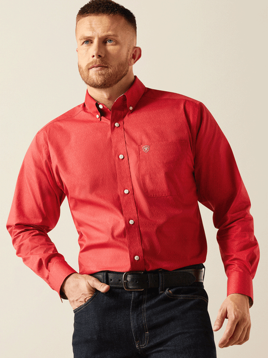 Ariat 10058951 Mens Wrinkle Free Dangelo Classic Fit Shirt Red front view. If you need any assistance with this item or the purchase of this item please call us at five six one seven four eight eight eight zero one Monday through Saturday 10:00a.m EST to 8:00 p.m EST