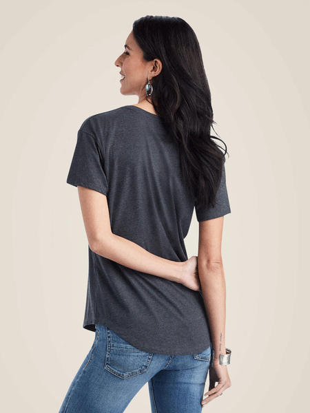 Ariat 10042716 Womens Cow Gal Tee Charcoal Heather back view. If you need any assistance with this item or the purchase of this item please call us at five six one seven four eight eight eight zero one Monday through Saturday 10:00a.m EST to 8:00 p.m EST