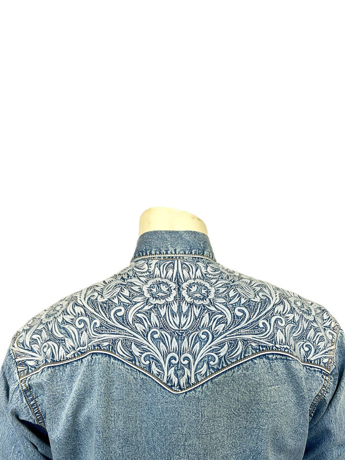 Rockmount 6859-DBLU Men's Vintage Tooling Embroidered Western Shirt Denim Blue front view. If you need any assistance with this item or the purchase of this item please call us at five six one seven four eight eight eight zero one Monday through Saturday 10:00a.m EST to 8:00 p.m EST