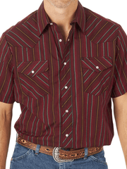 Assorted Wrangler Mens Western Short Sleeve Stripe Shirt 76201AA-76951PP front view on model different color. If you need any assistance with this item or the purchase of this item please call us at five six one seven four eight eight eight zero one Monday through Saturday 10:00a.m EST to 8:00 p.m EST