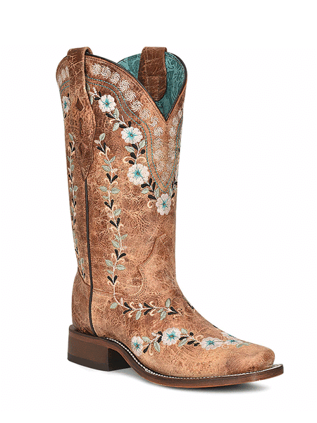 Corral A4398 Ladies Floral Embroidery Square Toe Western Boot Distressed Cognac front and side view. If you need any assistance with this item or the purchase of this item please call us at five six one seven four eight eight eight zero one Monday through Saturday 10:00a.m EST to 8:00 p.m EST