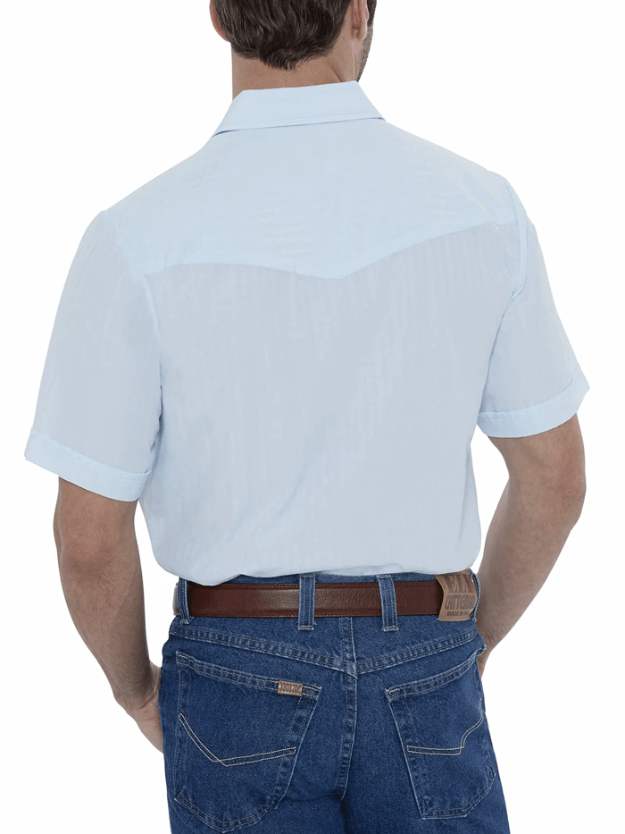 Ely Cattleman 15201634-82 Mens Short Sleeve Tone On Tone Western Shirt Tonal Blue front view tucked in. If you need any assistance with this item or the purchase of this item please call us at five six one seven four eight eight eight zero one Monday through Saturday 10:00a.m EST to 8:00 p.m EST