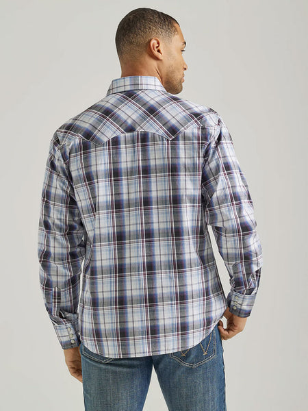 Wrangler 112337455 Mens Retro Long Sleeve Shirt Multi Blue Plaid back view. If you need any assistance with this item or the purchase of this item please call us at five six one seven four eight eight eight zero one Monday through Saturday 10:00a.m EST to 8:00 p.m EST