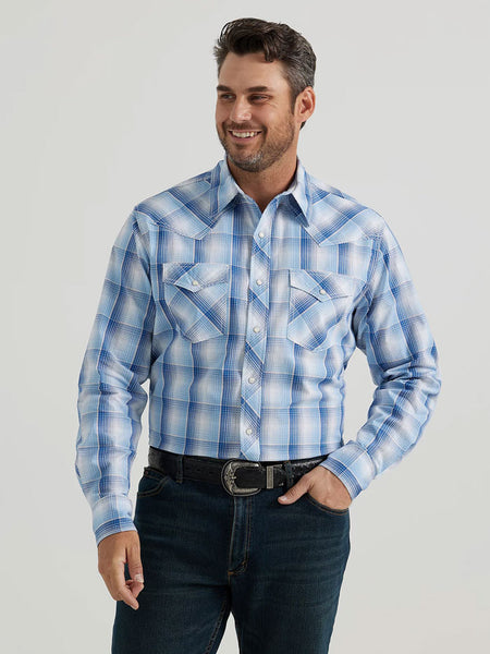 Wrangler 112344707 Mens 20X Competition Western Shirt Blue Gradient front view. If you need any assistance with this item or the purchase of this item please call us at five six one seven four eight eight eight zero one Monday through Saturday 10:00a.m EST to 8:00 p.m EST