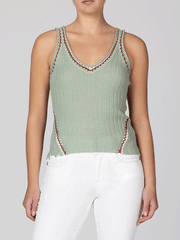 Miss Me MT3120T Womens Ribbed Tank With Trim Detail Sage Green front view. If you need any assistance with this item or the purchase of this item please call us at five six one seven four eight eight eight zero one Monday through Saturday 10:00a.m EST to 8:00 p.m EST