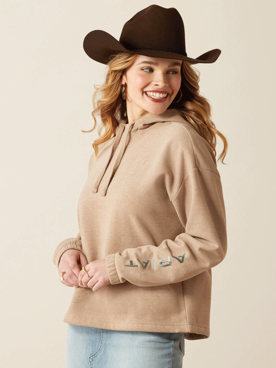 Ariat 10053882 Womens Essential Logo Hoodie Dark Oatmeal Tan front. If you need any assistance with this item or the purchase of this item please call us at five six one seven four eight eight eight zero one Monday through Saturday 10:00a.m EST to 8:00 p.m EST