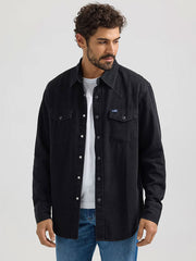 Wrangler 112361702 Mens Classic Denim Western Snap Shirt Black front view. If you need any assistance with this item or the purchase of this item please call us at five six one seven four eight eight eight zero one Monday through Saturday 10:00a.m EST to 8:00 p.m EST