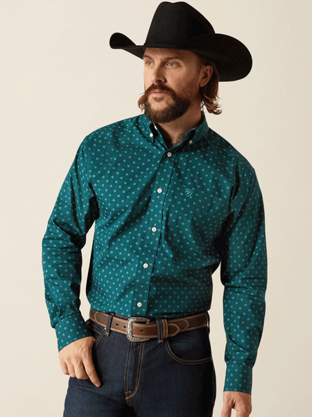 Ariat 10052374 Mens Wrinkle Free Gunnar Classic Fit Shirt Deep Teal front view. If you need any assistance with this item or the purchase of this item please call us at five six one seven four eight eight eight zero one Monday through Saturday 10:00a.m EST to 8:00 p.m EST