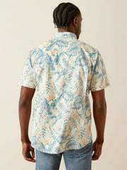 Ariat 10058855 Mens VentTEK Outbound Fitted Shirt Khaki Palm Print back view. If you need any assistance with this item or the purchase of this item please call us at five six one seven four eight eight eight zero one Monday through Saturday 10:00a.m EST to 8:00 p.m EST