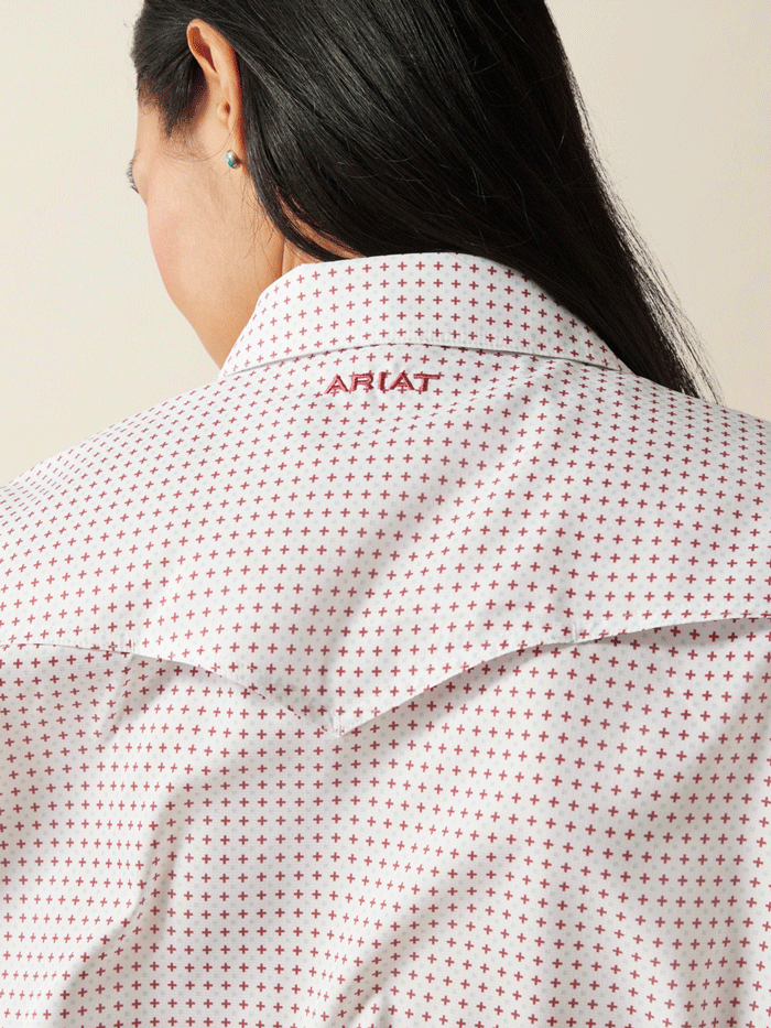 Ariat 10055189 Womens Western VentTEK Stretch Shirt Mini Print White front view. If you need any assistance with this item or the purchase of this item please call us at five six one seven four eight eight eight zero one Monday through Saturday 10:00a.m EST to 8:00 p.m EST

