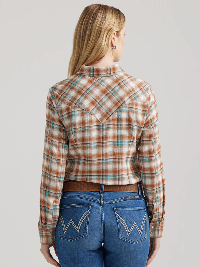 Wrangler 112356675 Womens Essential Plaid Western Shirt Pumpkin Moss front. If you need any assistance with this item or the purchase of this item please call us at five six one seven four eight eight eight zero one Monday through Saturday 10:00a.m EST to 8:00 p.m EST

