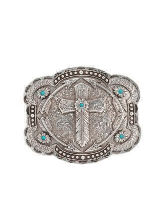 Blazin Roxx 37939 Rectangle Feather Cross Arrows Buckle Silver front. If you need any assistance with this item or the purchase of this item please call us at five six one seven four eight eight eight zero one Monday through Saturday 10:00a.m EST to 8:00 p.m EST