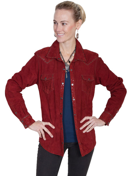 Scully L517 Womens Suede Shirt Jacket Cranberry Burgundy front view. If you need any assistance with this item or the purchase of this item please call us at five six one seven four eight eight eight zero one Monday through Saturday 10:00a.m EST to 8:00 p.m EST